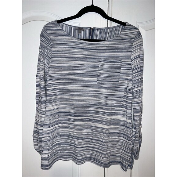 T by Talbots Women Top Med Gray Zip 3/4 Sleeve Striped Knit Pocket Stretch Light - Picture 1 of 12